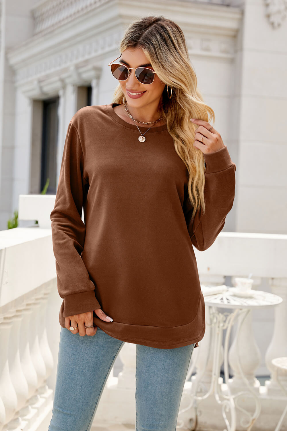 Round Neck Slit Tunic Top