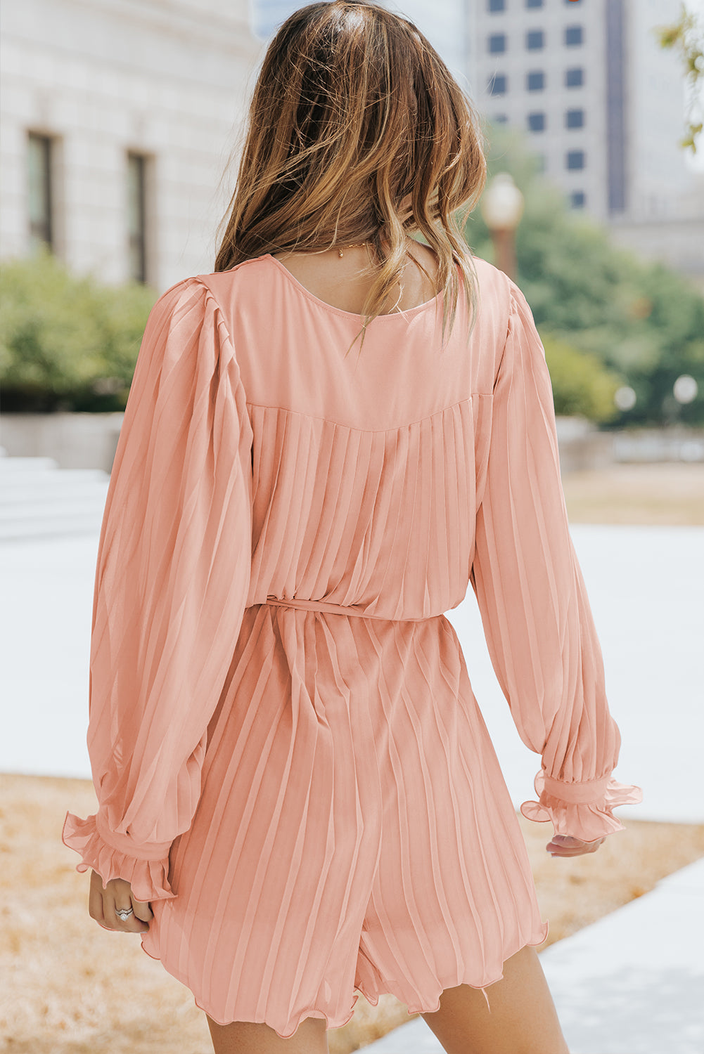 Pleated Button Front Flounce Sleeve Romper