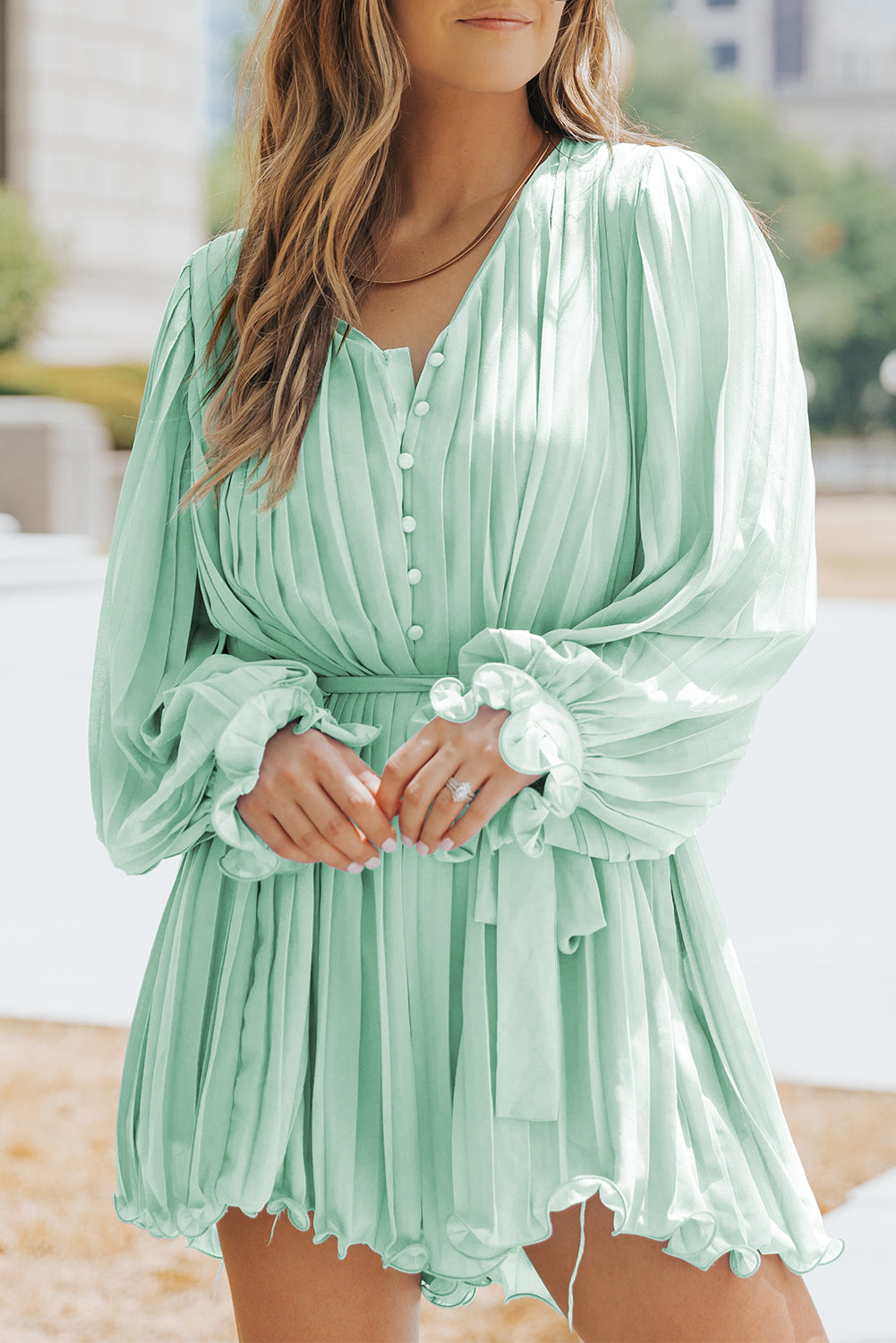 Pleated Button Front Flounce Sleeve Romper