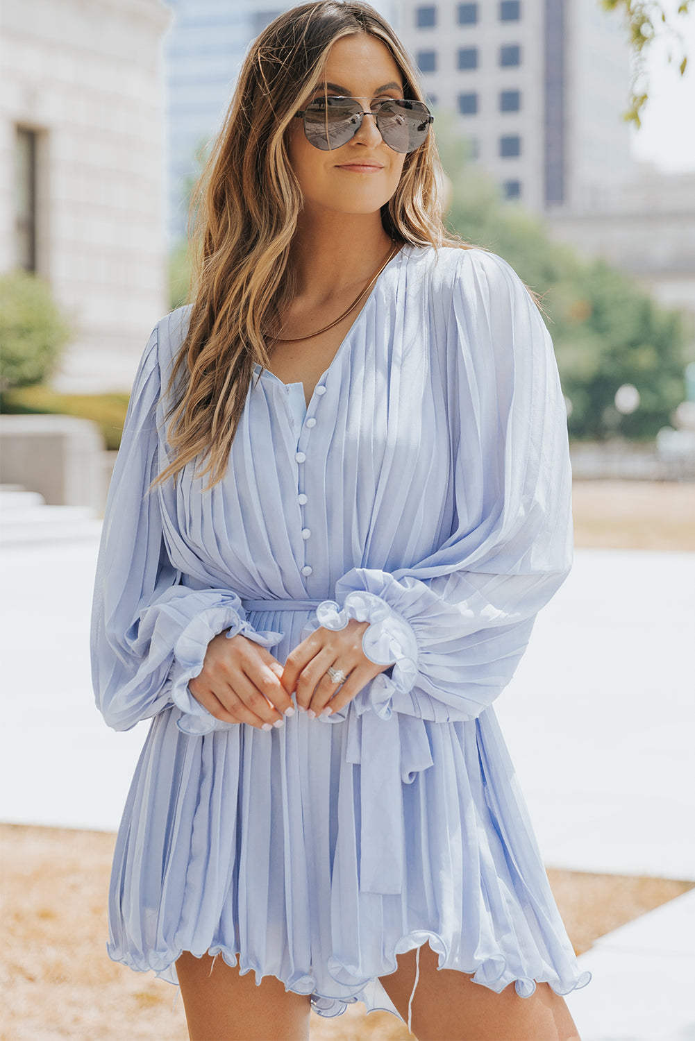 Pleated Button Front Flounce Sleeve Romper