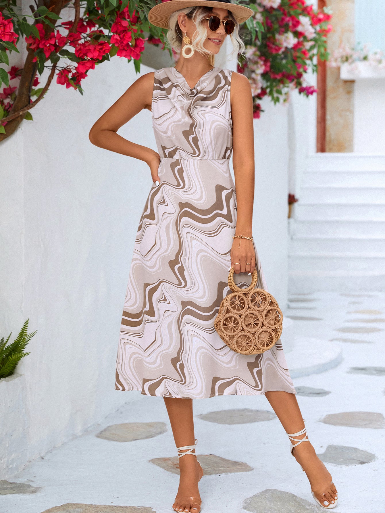 Printed Cowl Neck Sleeveless Dress