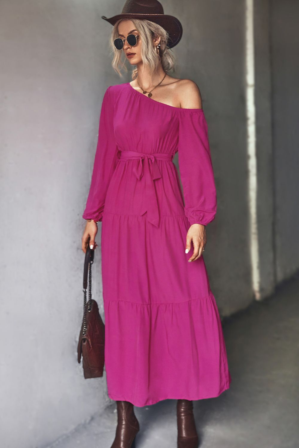 Belted One-Shoulder Tiered Maxi Dress