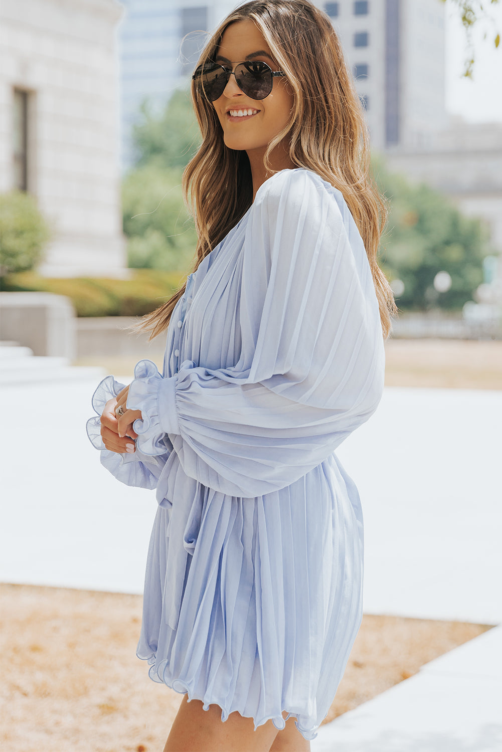 Pleated Button Front Flounce Sleeve Romper